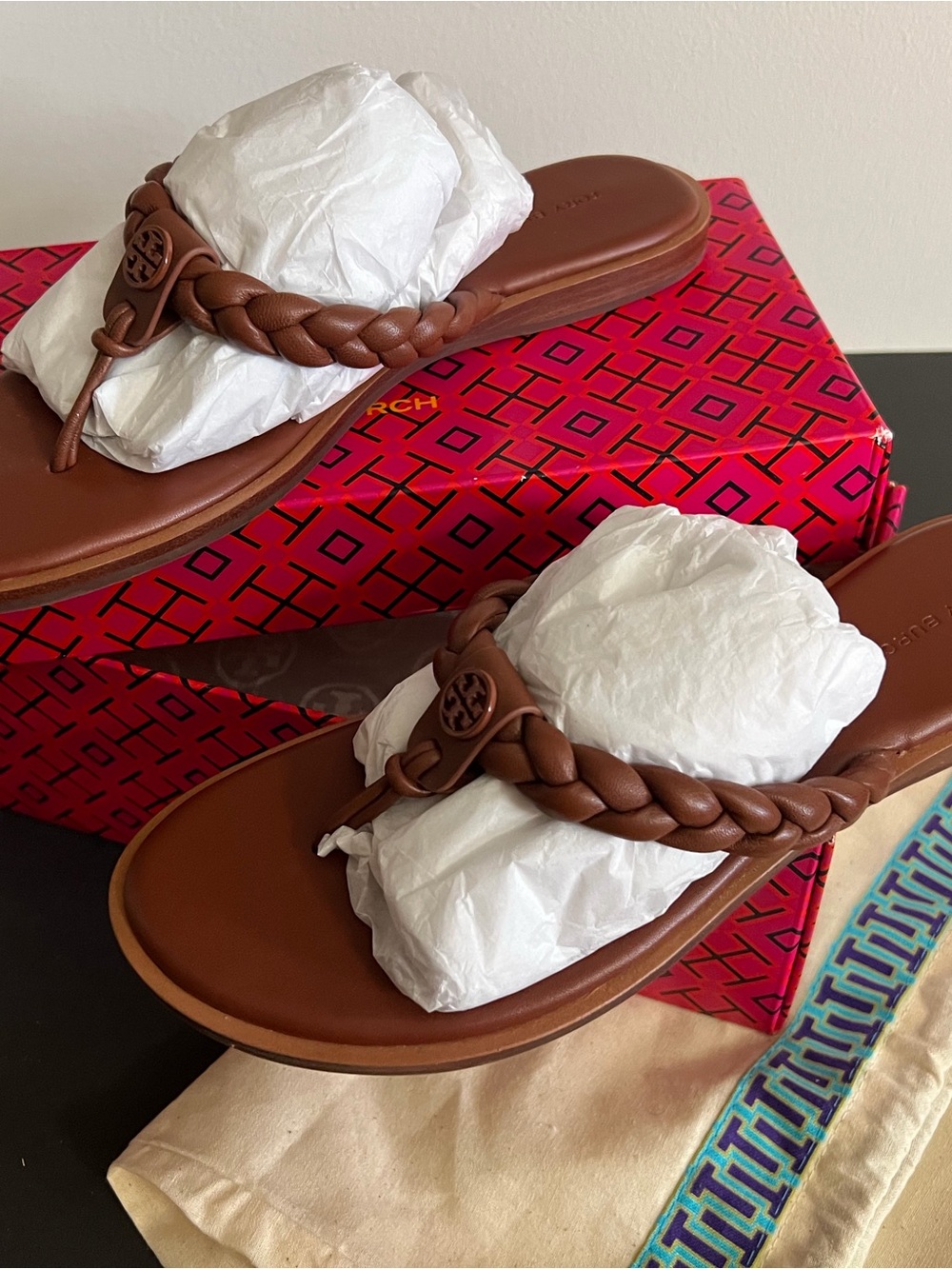 Tory Burch Chestnut Braided Leather Thong Sandals - Picture 3 of 4